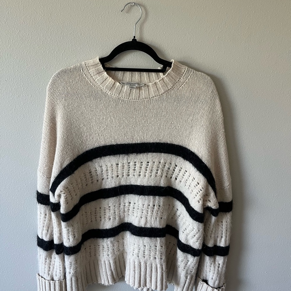 All Saints Cream Striped Crew Neck Sweater